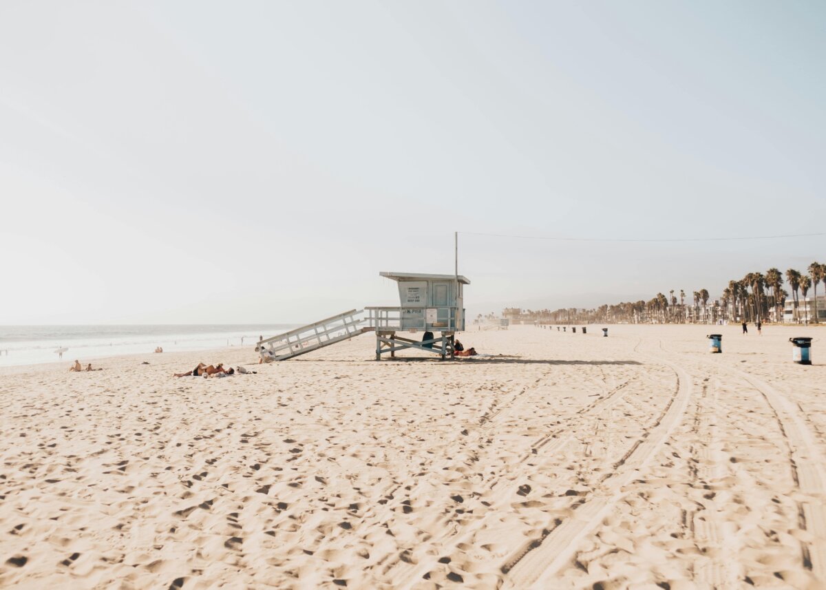 A lifeguard station on the sand at Venice Beach in Los Angeles, California