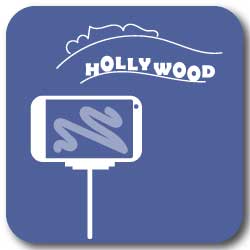 Graphic icon of a selfie stick in front of the Hollywood Sign, featured on the summer in California bingo card and bucket list